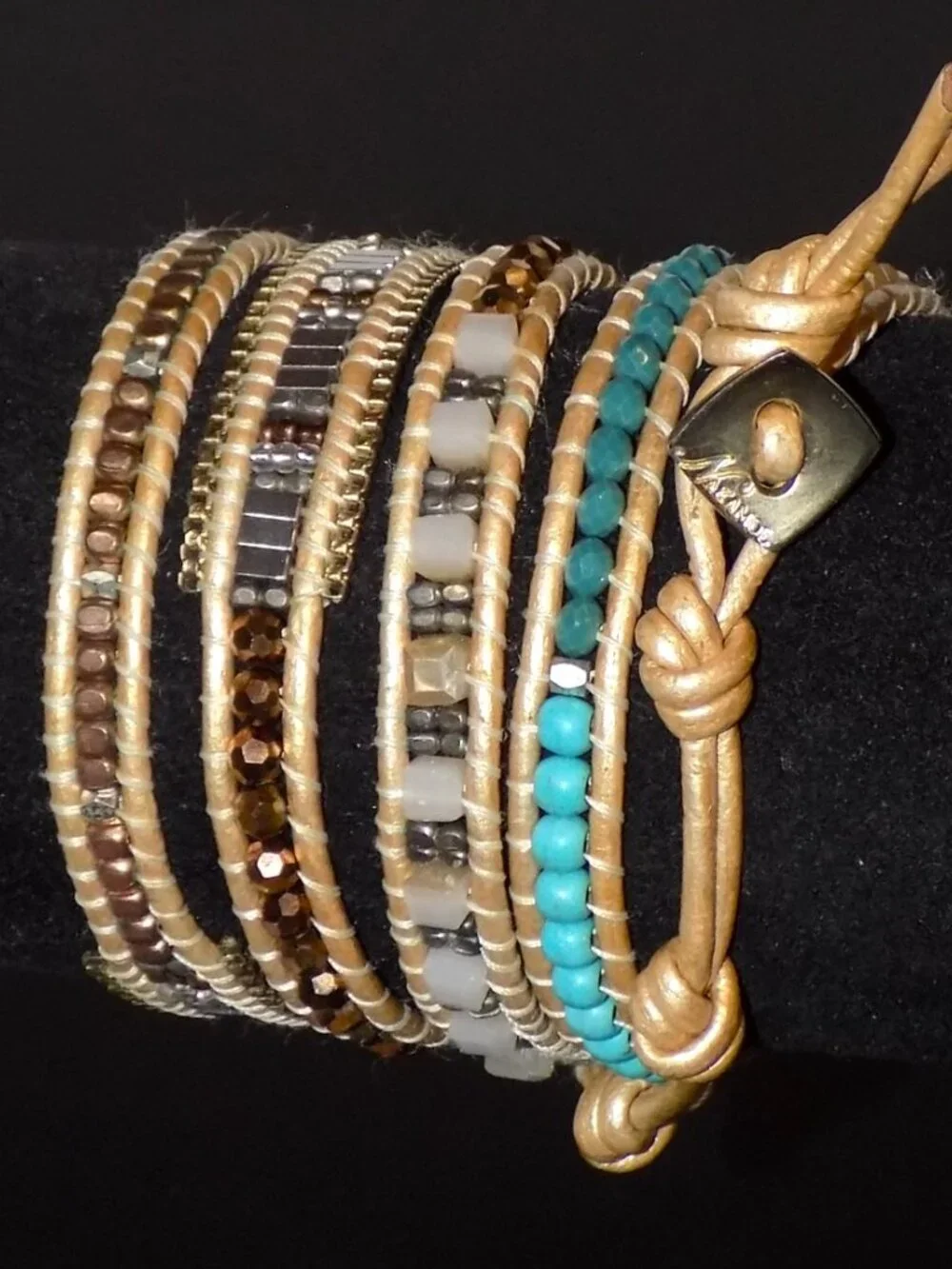 Nakamol Long Beaded Boho Wrap Bracelet.  Lame Cord, Crystal, Metal, Earthtones